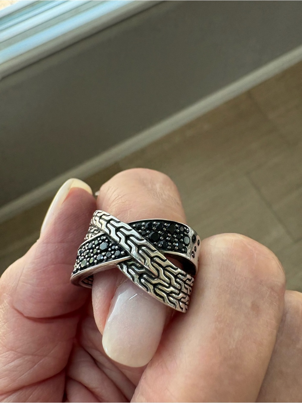 John Hardy, Sterling Silver with Black Sapphire gemstones, Crossover Ring
